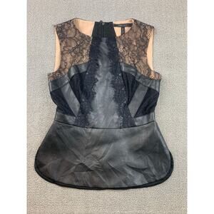 BCBGMAXAZRIA Women XXS Faux Leather Black Lace Peplum Top